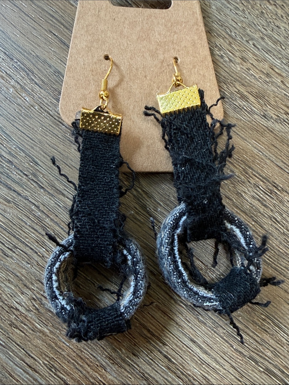 Black Fabric Hoop Drop Earrings with Gold Accents